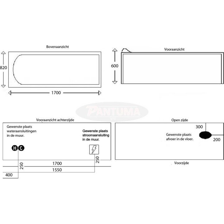 Hydromasážní vana SSWW W11011BR pravá verze 170x82x60 cm 