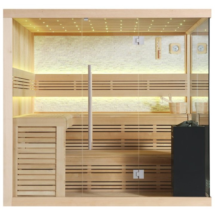 Finská sauna EAGO AWT B1105C hemlock 180×180 9 kW Virta Bi-O