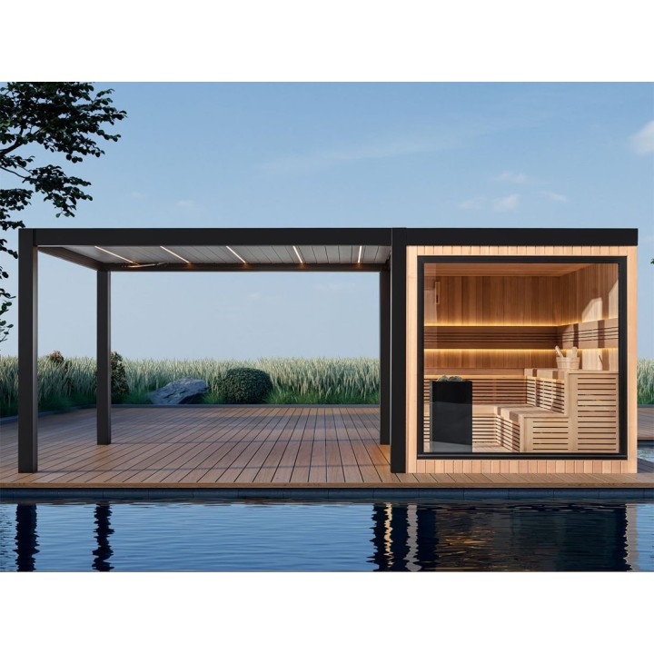 Zahradní sauna EAGO AWT Saunahaus THE CUBE X7-R za hemlock 300×635 12 kW EOS BiO-Cubo