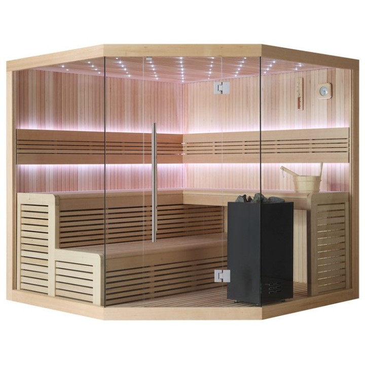 Finská sauna EAGO AWT B1111A hemlock 220×220 9 kW Virta Bi-O