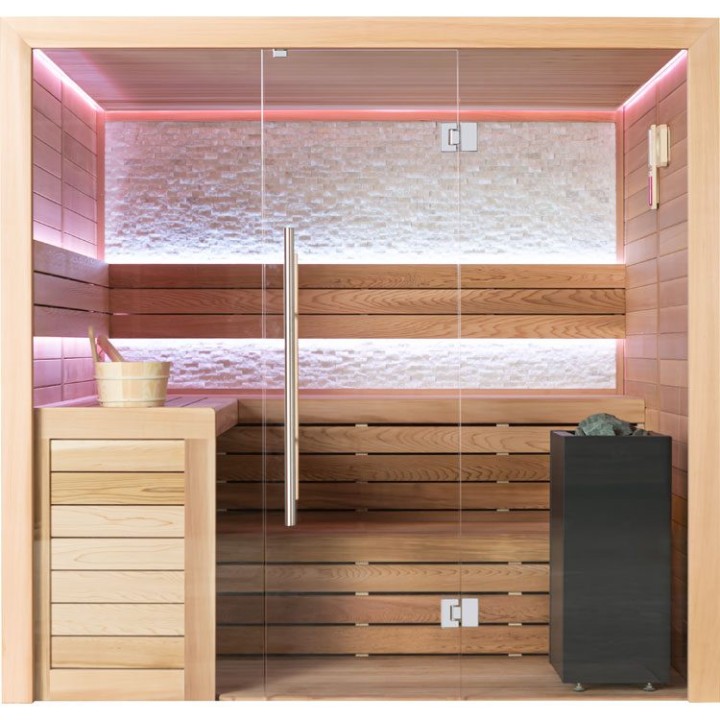 Finská sauna EAGO AWT B1602A červený cedr 220×200 9 kW Virta Bi-O