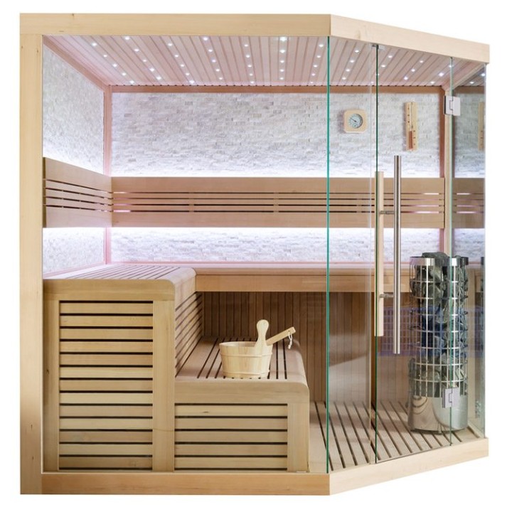 Finská sauna EAGO AWT B1101B hemlock 200×200 9 kW Virta Bi-O