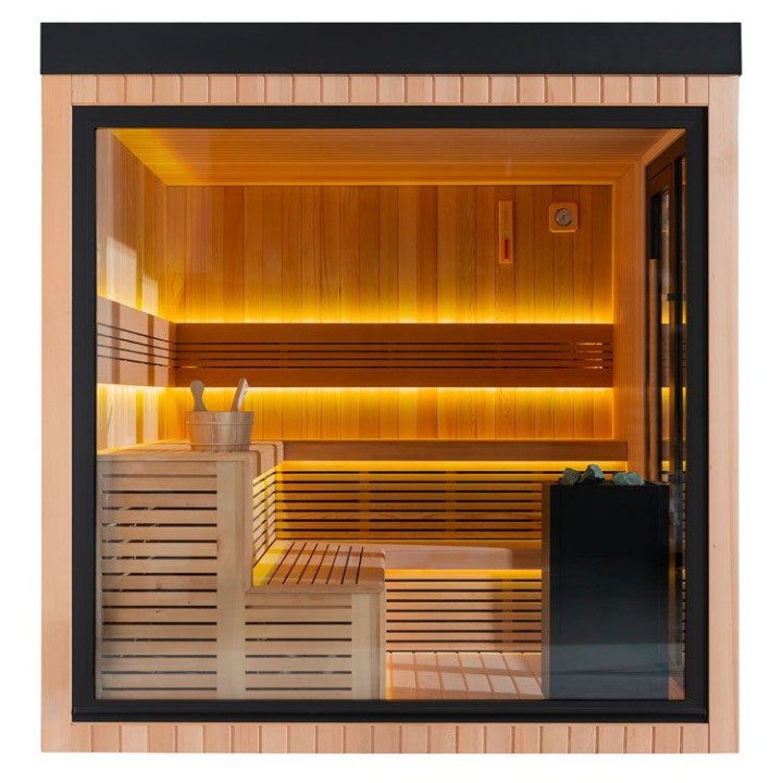 Zahradní sauna EAGO AWT Saunahaus THE CUBE X7-L za hemlock 300×635 12 kW EOS BiO-Cubo