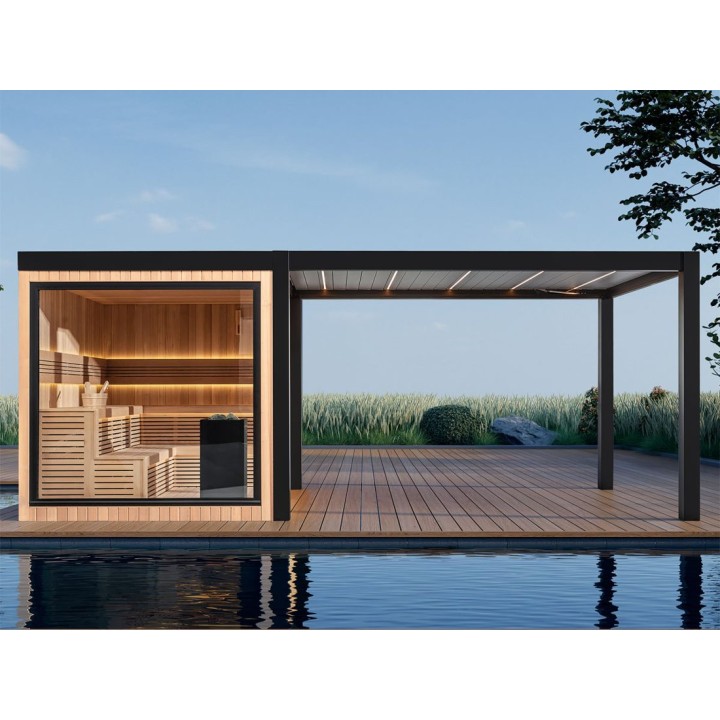 Zahradní sauna EAGO AWT Saunahaus THE CUBE X7-L za hemlock 300×635 12 kW EOS Cubo