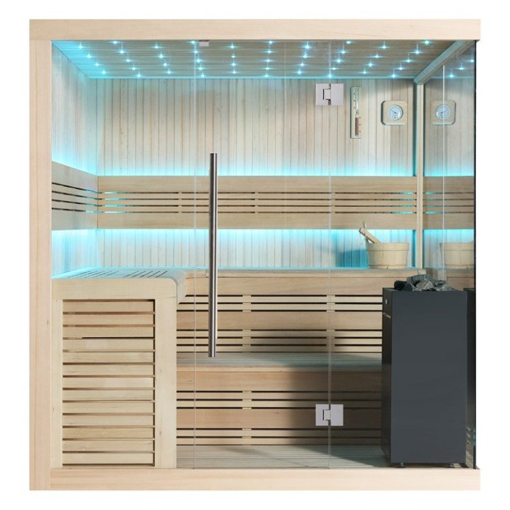 Finská sauna EAGO AWT B1115B hemlock 200×200 9 kW Virta Bi-O