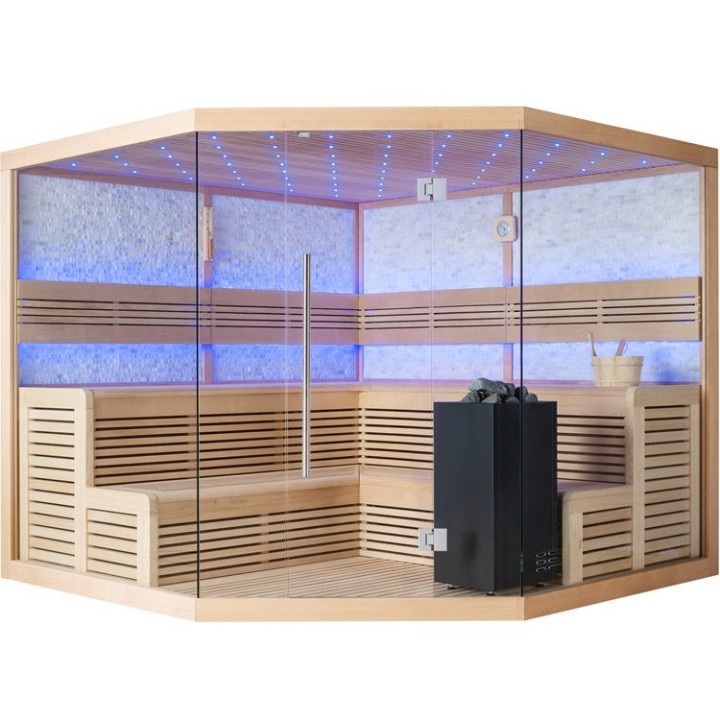 Finská sauna EAGO AWT B1101 XL hemlock 250×250 9 kW Virta Bi-O