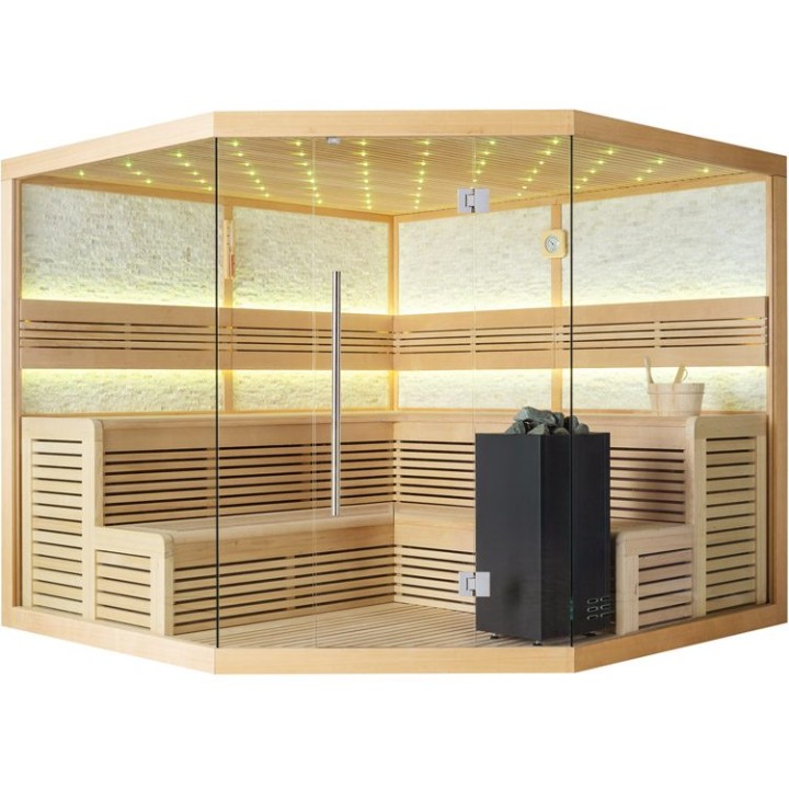 Finská sauna EAGO AWT B1101 XL hemlock 250×250 9 kW Virta Bi-O