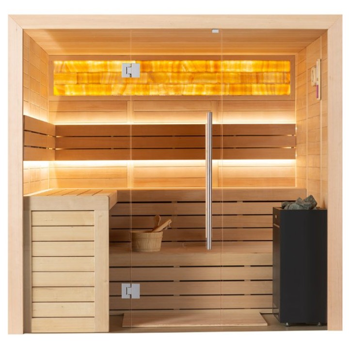 Finská sauna EAGO AWT B1622B hemlock 200×170 9 kW Virta Bi-O