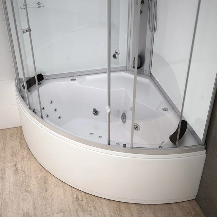 Parní kabina s vanou Modera | 150×150 cm bílé sklo posuvné dveře čtvrtkruhová