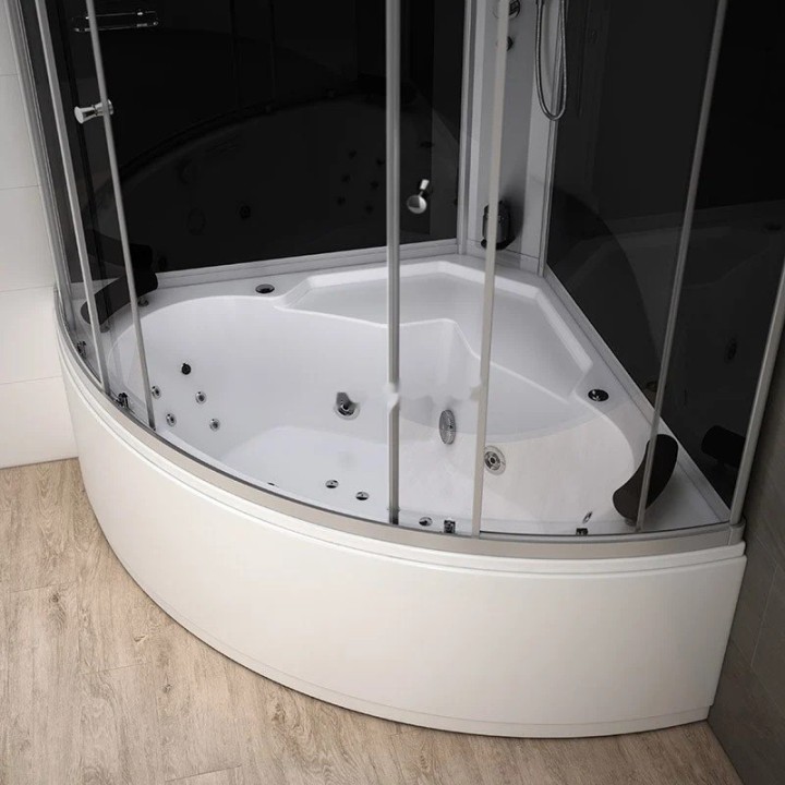 Parní kabina s vanou Modera | 140×140 cm černé sklo posuvné dveře čtvrtkruhová