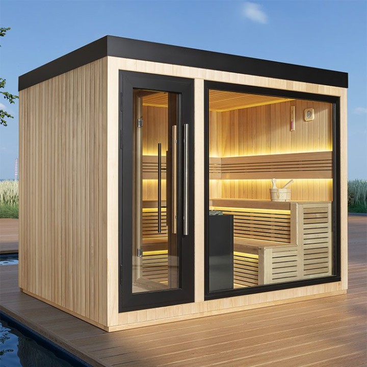 Zahradní sauna EAGO AWT Saunahaus THE CUBE X6 hemlock 300×235 12 kW EOS Cubo