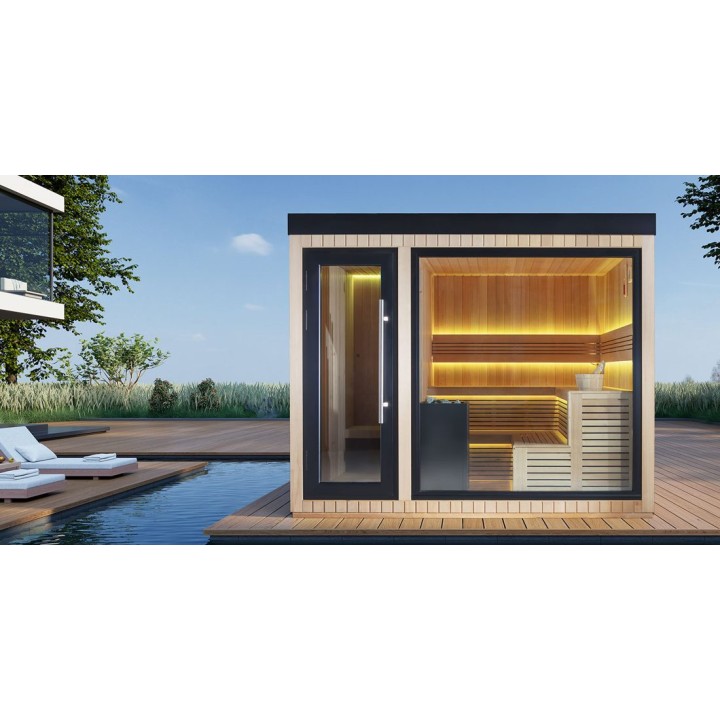 Zahradní sauna EAGO AWT Saunahaus THE CUBE X6 hemlock 300×235 12 kW EOS Cubo