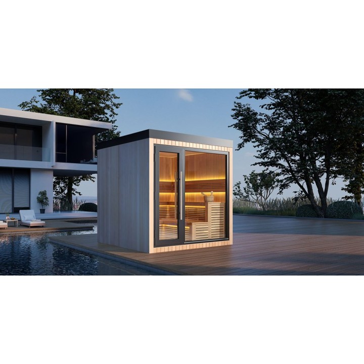 Zahradní sauna EAGO AWT Saunahaus THE CUBE X4 hemlock 235×235 9 kW Cilindro