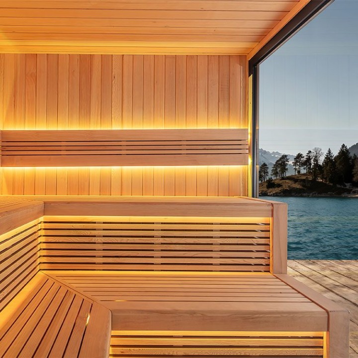 Zahradní sauna EAGO AWT Saunahaus THE CUBE X5-R hemlock 235×235 9 kW Cilindro
