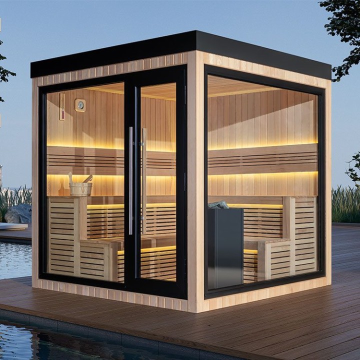 Zahradní sauna EAGO AWT Saunahaus THE CUBE X5-R hemlock 235×235 9 kW EOS Cubo