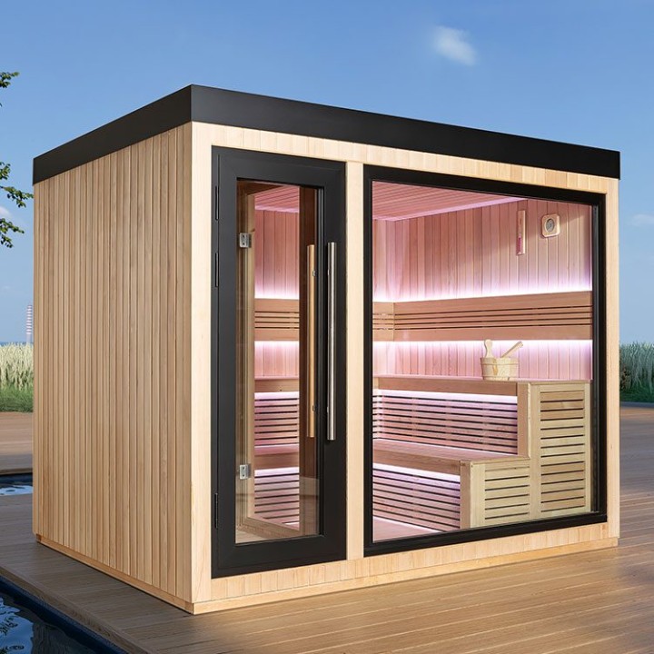 Zahradní sauna EAGO AWT Saunahaus THE CUBE X6 hemlock 300×235 bez kamen