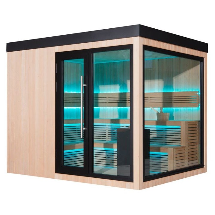 Zahradní sauna EAGO AWT Saunahaus THE CUBE X7-R hemlock 300×235 12 kW EOS BiO-Cubo