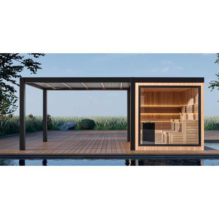 Zahradní sauna EAGO AWT Saunahaus THE CUBE X7-R hemlock 300×235 12 kW EOS BiO-Cubo