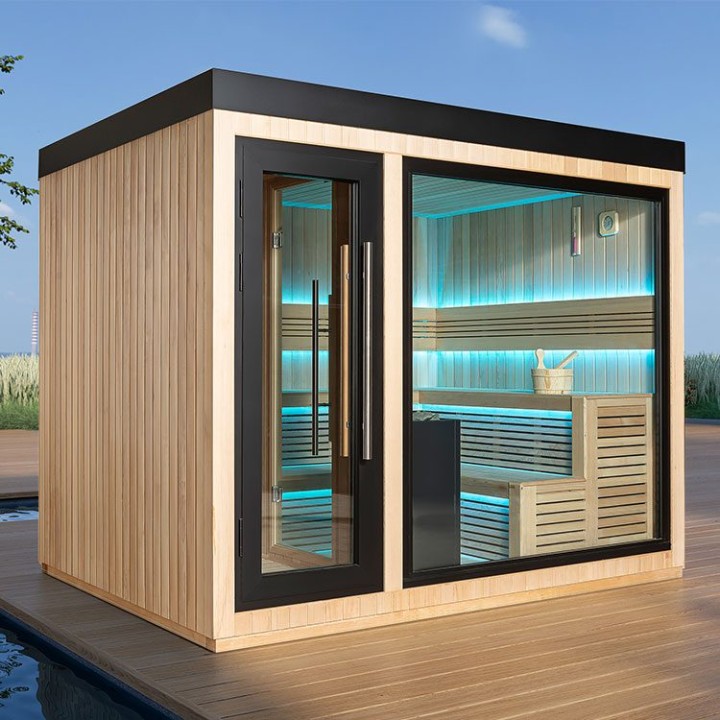 Zahradní sauna EAGO AWT Saunahaus THE CUBE X6 hemlock 300×235 12 kW EOS BiO-Cubo