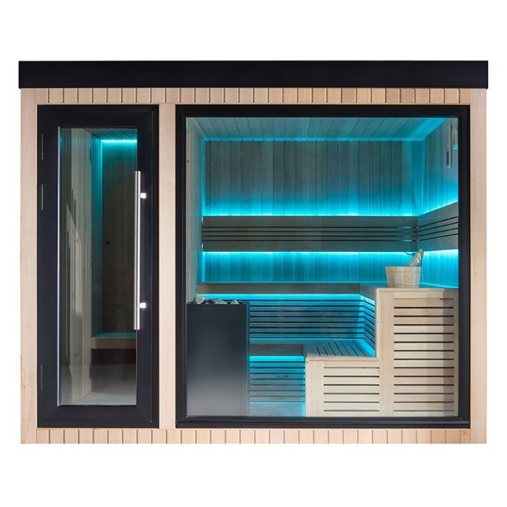 Zahradní sauna EAGO AWT Saunahaus THE CUBE X6 hemlock 300×235 12 kW EOS BiO-Cubo