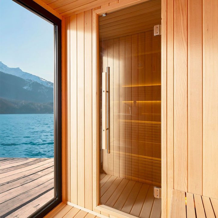 Zahradní sauna EAGO AWT Saunahaus THE CUBE X6 hemlock 300×235 12 kW EOS BiO-Cubo