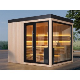 Zahradní sauna EAGO AWT Saunahaus THE CUBE X7-R hemlock 300×235 12 kW EOS Cubo