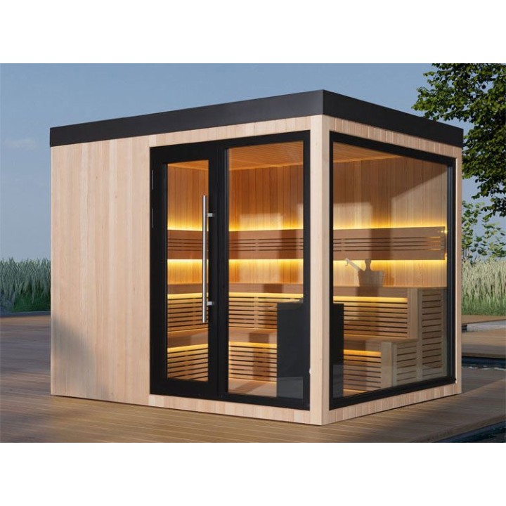 Zahradní sauna EAGO AWT Saunahaus THE CUBE X7-R hemlock 300×235 12 kW EOS Cubo