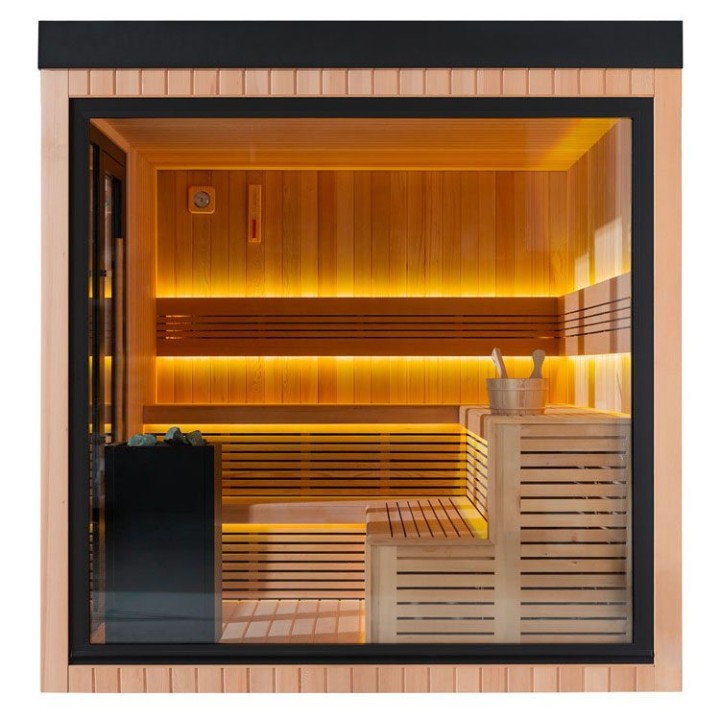Zahradní sauna EAGO AWT Saunahaus THE CUBE X7-R hemlock 300×235 12 kW EOS Cubo
