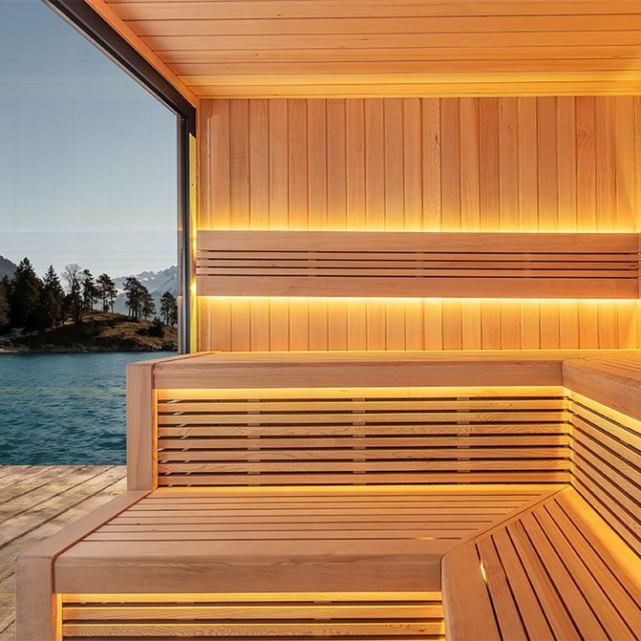 Zahradní sauna EAGO AWT Saunahaus THE CUBE X5-L hemlock 235×235 9 kW EOS BiO-Cubo