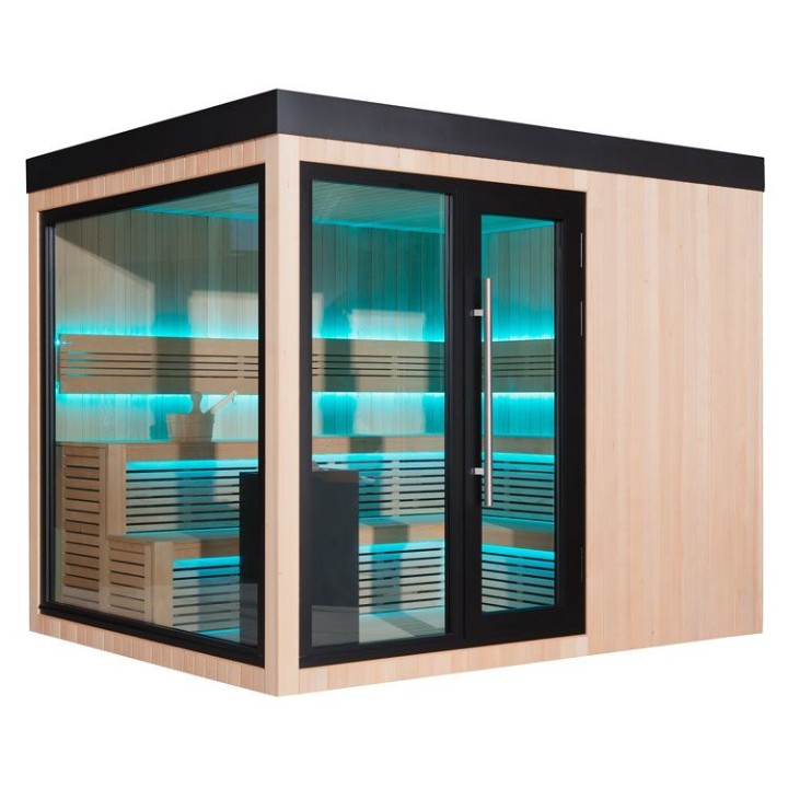 Zahradní sauna EAGO AWT Saunahaus THE CUBE X7-L hemlock 300×235 12 kW EOS BiO-Cubo