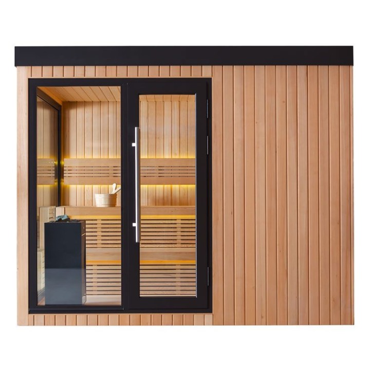 Zahradní sauna EAGO AWT Saunahaus THE CUBE X7-L hemlock 300×235 12 kW EOS BiO-Cubo
