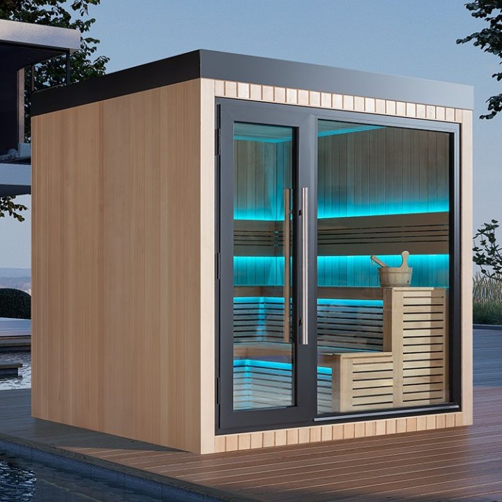 Zahradní sauna EAGO AWT Saunahaus THE CUBE X4 hemlock 235×235 9 kW EOS BiO-Cubo