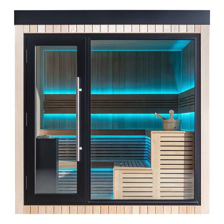 Zahradní sauna EAGO AWT Saunahaus THE CUBE X4 hemlock 235×235 9 kW EOS BiO-Cubo