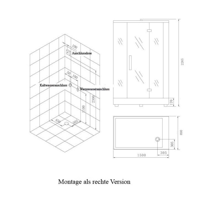 Parní sprchový box EAGO AWT DZ961F8 černý 150×90 pravé provedení