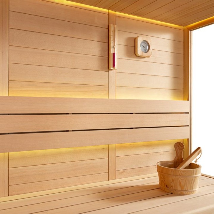 Finská sauna EAGO AWT B1611XL hemlock 250×250 9 kW Virta Bi-O