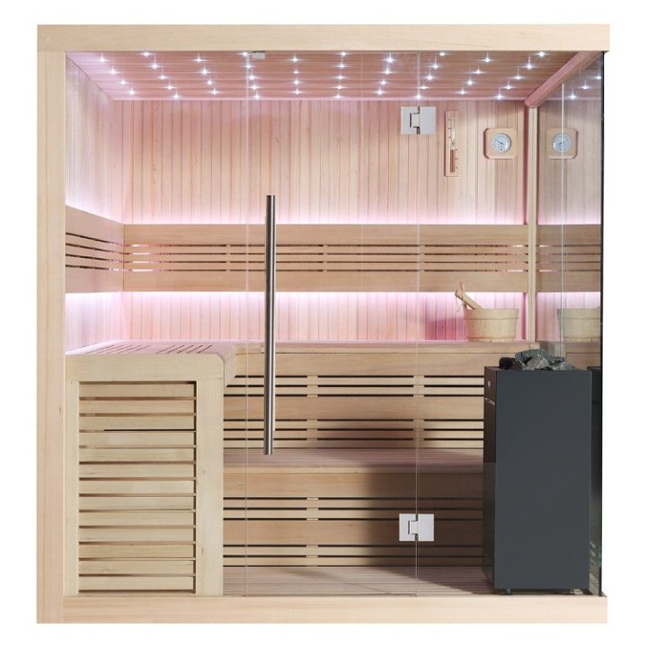 Finská sauna EAGO AWT B1115B hemlock 200×200 9 kW Virta Bi-O
