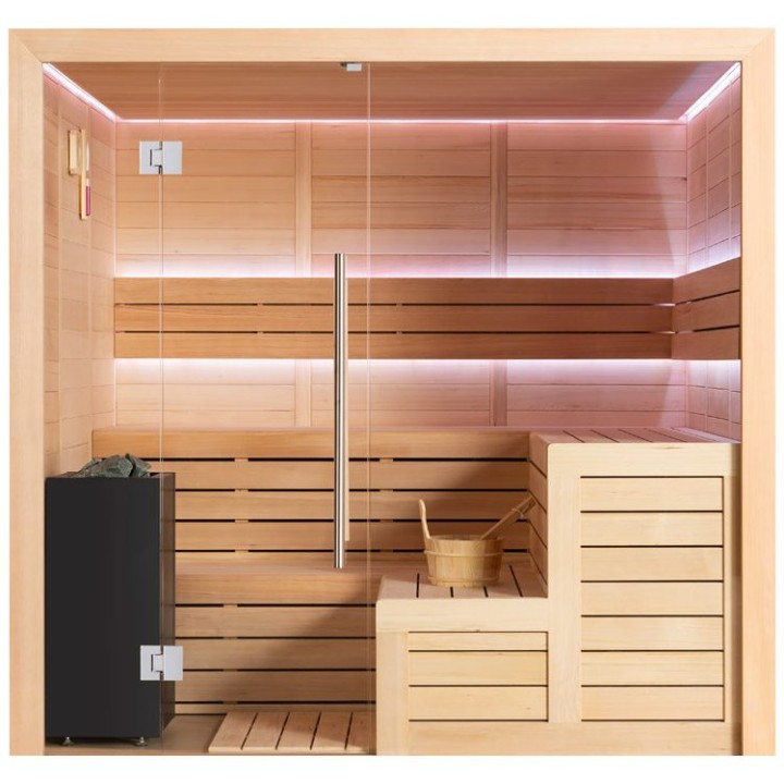 Finská sauna EAGO AWT B1613XL hemlock 240×200 9 kW EOS Bi-O Cubo