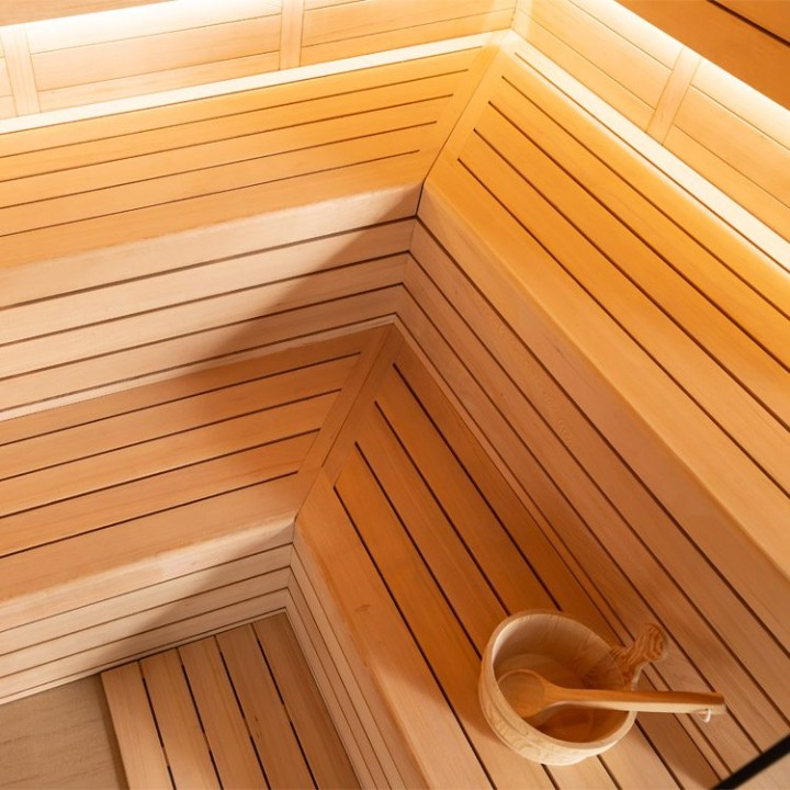 Finská sauna EAGO AWT B1623C hemlock 180×180 9 kW TheWall Bi-O
