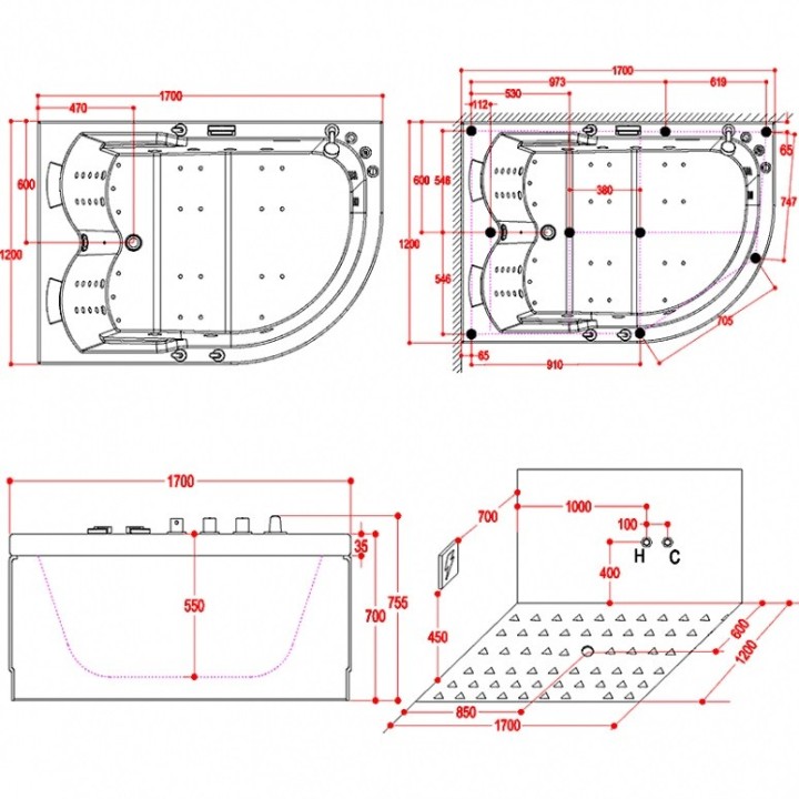 Hydromasážní vana Mocoori Rosemary Turbo Levá verze 170x120x75,5cm